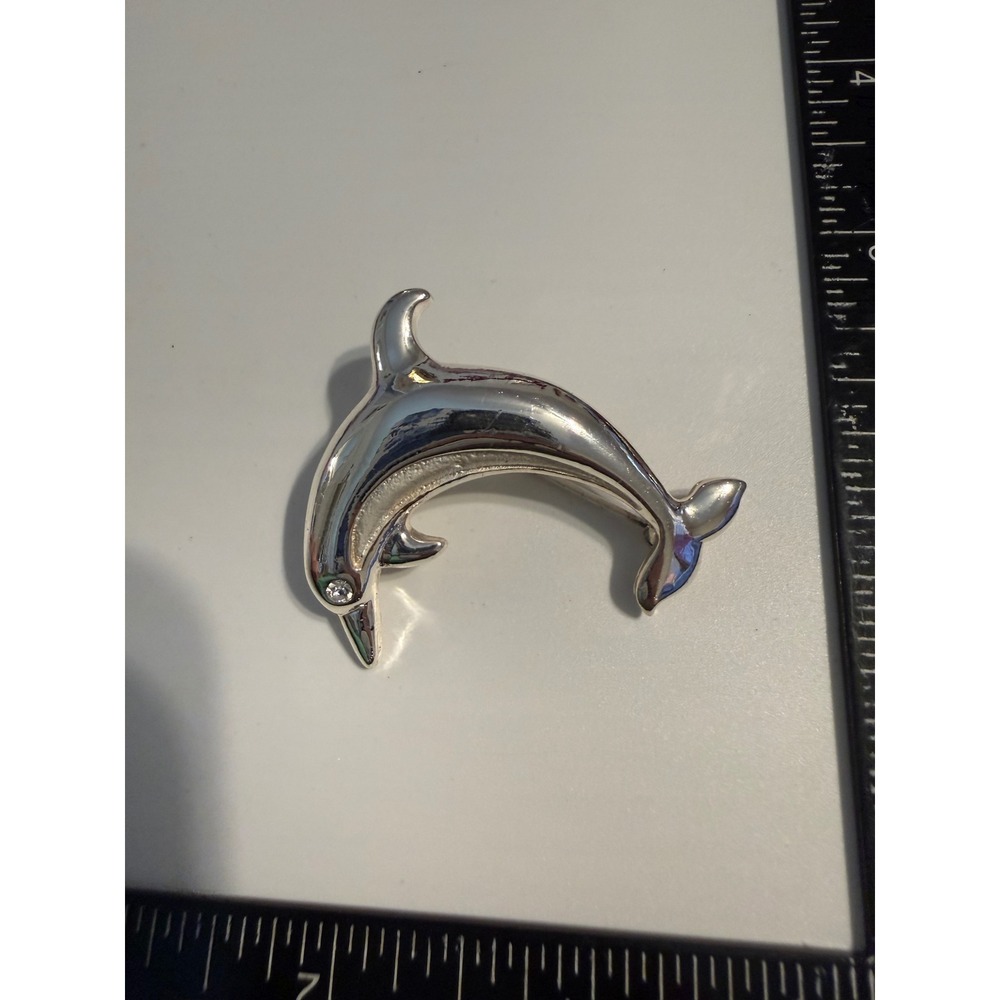 JJ Jonette Jewelry Vintage Silver Tone Dolphin Brooch Rhinestone Eye Nautical
